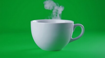 White ceramic coffee cup with rising steam on green screen in soft cinematic lighting created with Generative AI technology