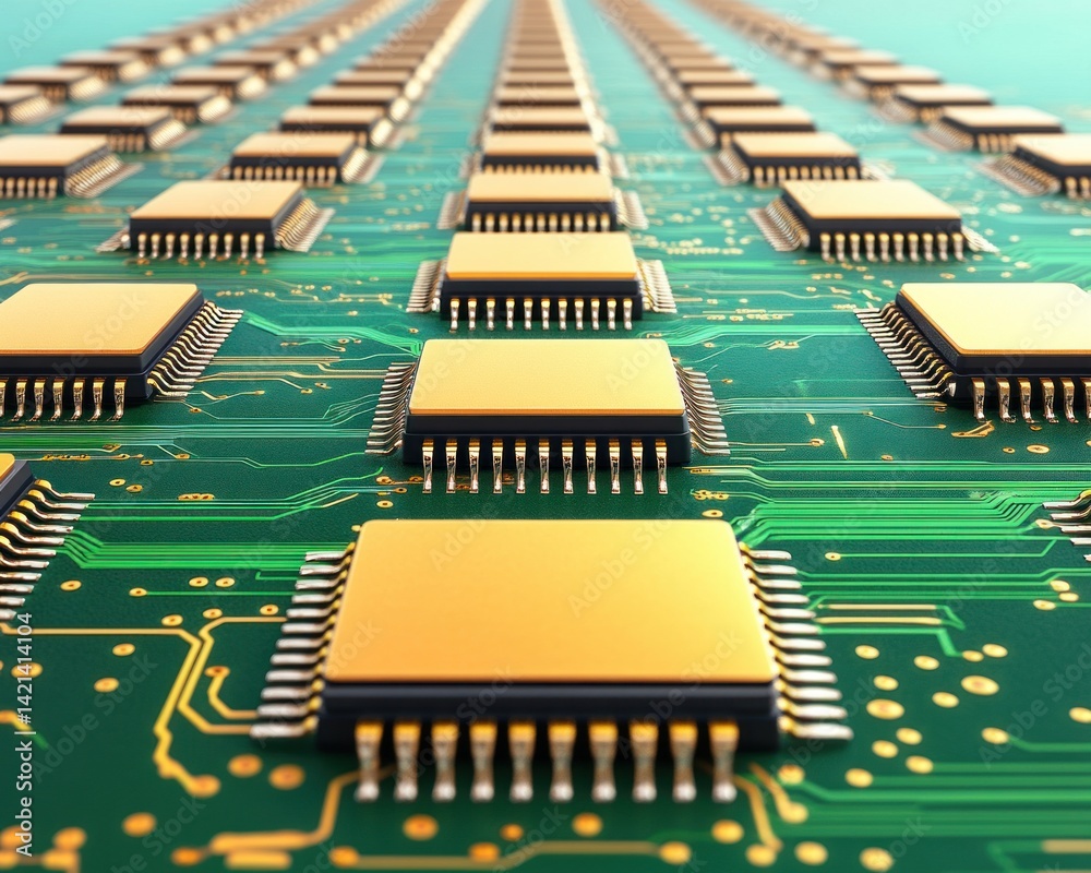 Aufkleber Computer chips are shown on a circuit board in an abstract high tech pattern.