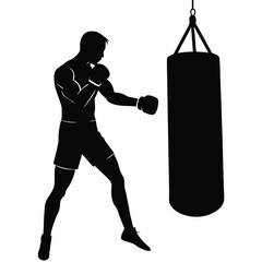 boxer hitting punching bag silhouette vector
