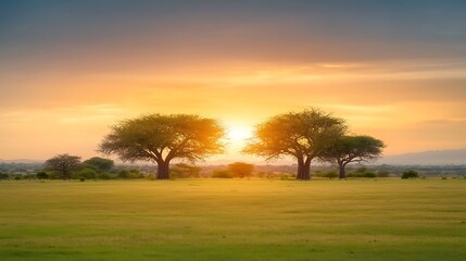 Golden sunset over trees on an African plain. A serene and warm scene