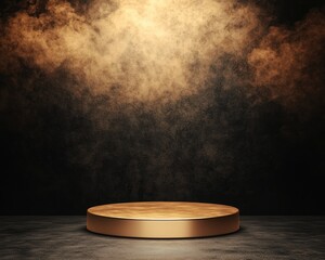 Golden podium illuminated by spotlight on dark background for presentation.