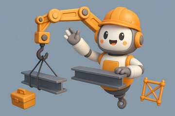 Naklejka premium Cheerful Robot Mascot Operating Floating Crane Arm in 3D Scene