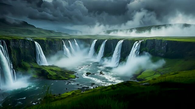 Cascading multi-level waterfall over green cliffs under dramatic cloudy sky loop