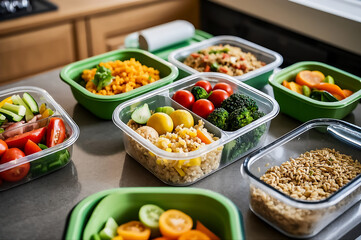 Variety of colorful meal prep containers filled with fresh vegetables and grains, ideal for healthy eating.