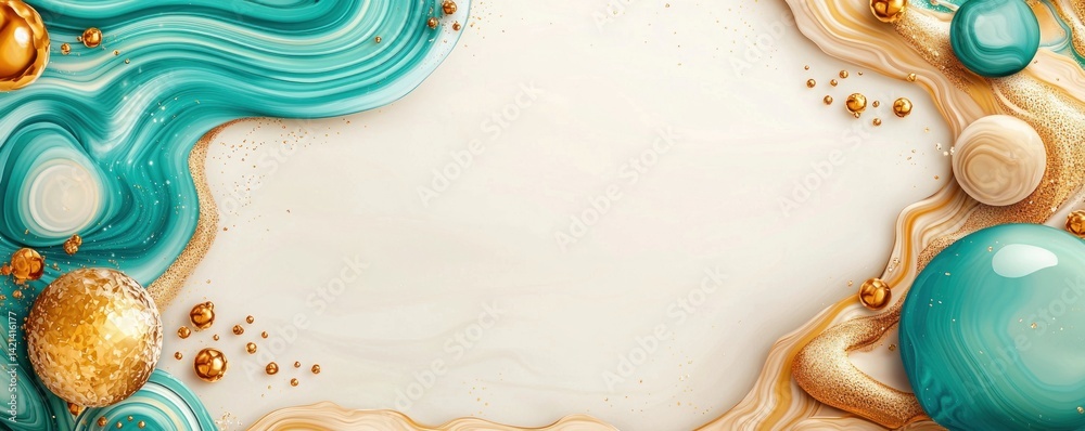 Poster an abstract frame with turquoise waves and golden spheres decorates space.