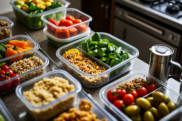 Obraz premium A collection of meal prep containers showcasing fresh ingredients for healthy cooking and meal planning.