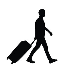 silhouette of a man walking with a suitcase, vector illustration on a white background.