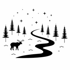 Naklejka premium landscape with deer vector silhouette illustration isolated on white background