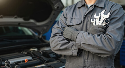 工具を持ち腕組みをする整備士