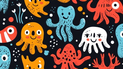 Colorful cartoon octopuses and sea life on dark background