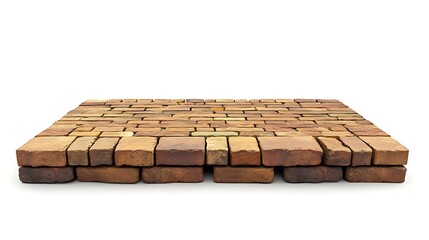 A platform constructed of orange and brown bricks on white surface