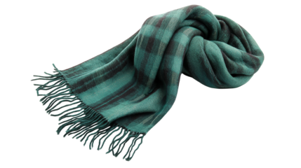 A cozy wool scarf with a stylish green and black  checkered pattern, perfect for adding warmth and flair to any outfit isolated on white background or transparent png 