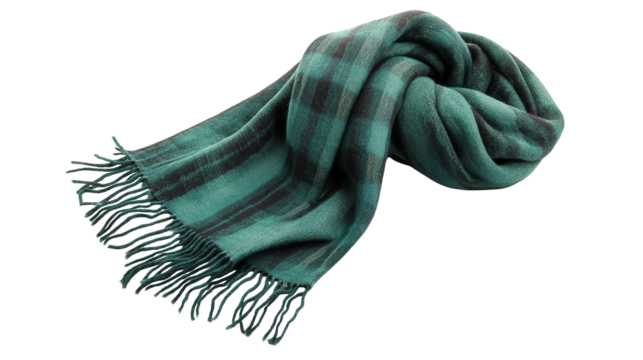 A cozy wool scarf with a stylish green and black  checkered pattern, perfect for adding warmth and flair to any outfit isolated on white background or transparent png  - Powered by Adobe