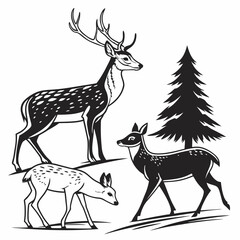 deer with christmas tree vector silhouette illustration isolated on white background