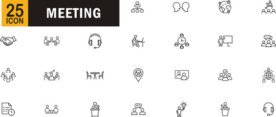 Meeting editable outline icon set. Communication, teamwork, collaboration, conference, presentation and more.