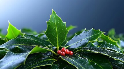 Green holly leaves and red berries with water droplets against a blurred blue background