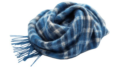 A cozy wool scarf with a stylish blue  checkered pattern, perfect for adding warmth and flair to any outfit isolated on white background or transparent png 