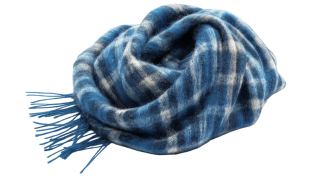 A cozy wool scarf with a stylish blue  checkered pattern, perfect for adding warmth and flair to any outfit isolated on white background or transparent png 