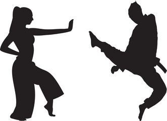 set of martial arts fighter silhouettes in dynamic poses wearing traditional gi uniform
