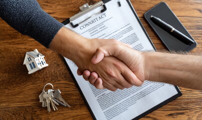 Two people shaking hands over a contract, with a house model and keys nearby
