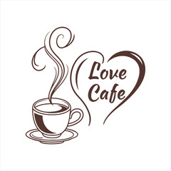 Romantic Coffee Cup with Heart-Shaped Steam – Love Cafe Logo Design.