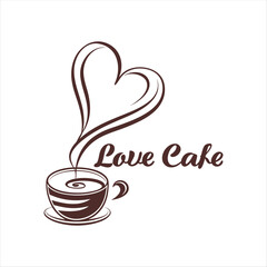 Romantic Coffee Cup with Heart-Shaped Steam – Love Cafe Logo Design.