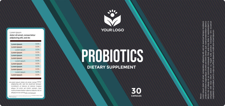 Probiotic label design, prebiotic dietary supplement label design, bottle modern packaging design for capsules pills, product label design creative healthy supplement label, editable illustration file