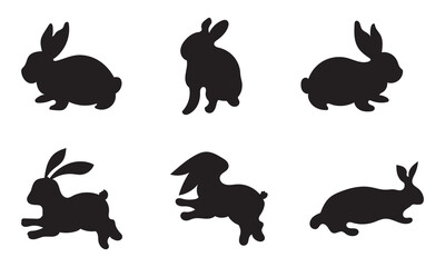 Set of rabbit silhouettes in various poses. Hand drawn black Easter bunny silhouettes isolated on a white background. Perfect decorative elements for design.