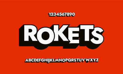 ROKET 3D font with gradients. Red chic bright bold 3D alphabet with symbols and numbers