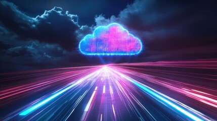 Neon Cloud and Light Trails on a Futuristic Road