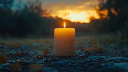 Burning Candle Illuminating Tranquil Outdoor Setting at Dusk with Golden Light