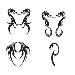 Tribal Dragon Tattoo Designs – Black and White Vector Art Featuring Stylized Mythical Creatures and Symmetrical Fantasy Patterns
