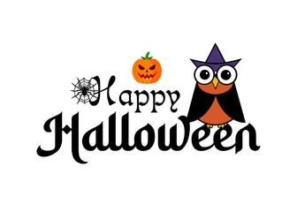 Happy Halloween night card with a scary pumpkin set illustration and black silhouette of a bat under the moon