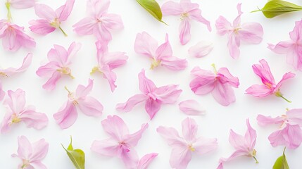 Aesthetic arrangement of rare sakura petals and flowers on white background with soft lighting created with Generative AI technology