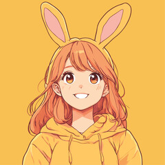 Cute anime girl in costume with bunny ears and smiling. Greeting vector card.