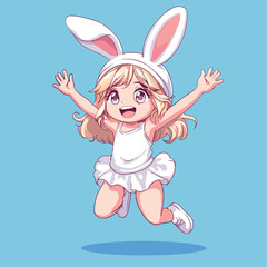 A little anime girl with rabbit ears jumps and laughs. Greeting vector card.