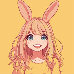 Cute anime girl with rabbit ears is smiling. Happy greeting vector card.