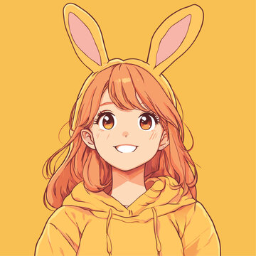 Cute anime girl in costume with bunny ears and smiling. Greeting vector card.