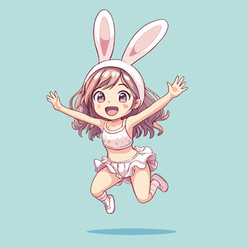 A little anime girl with rabbit ears jumps and laughs