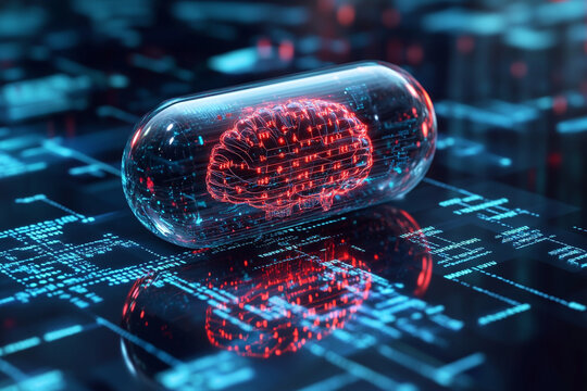 Digital brain inside a capsule on a futuristic circuit board glowing red and blue