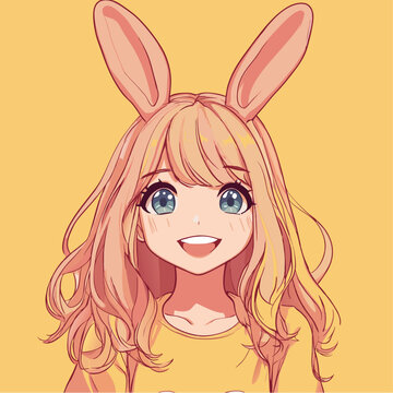 Cute anime girl with rabbit ears is smiling. Happy greeting vector card.