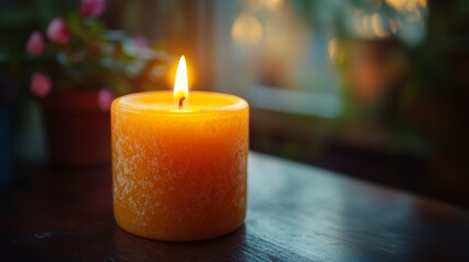 Glowing Wax Flame: A serene candle casting a warm light on a wooden surface with subtle floral backdrop in a peaceful setting