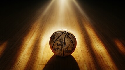 Close-up of worn basketball on hardwood with spotlight highlighting texture and shadows created with Generative AI technology