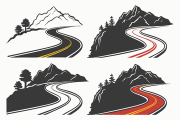 set of road in the mountains vector silhouette illustration isolated on white background