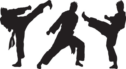 set of martial arts fighter silhouettes in dynamic poses wearing traditional gi uniform