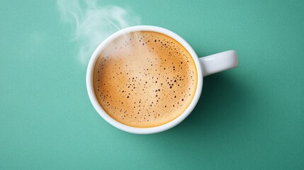 Top view of white coffee mug with steam and green background created with Generative AI technology