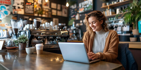 Woman Working on Laptop in Cozy Caf&eacute;, Smiling Young Professional in Modern Coffee Shop, Casual Office Setting with Coffee