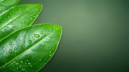 Fototapeta premium Green leaves with water droplets on a dark background create a fresh, natural image