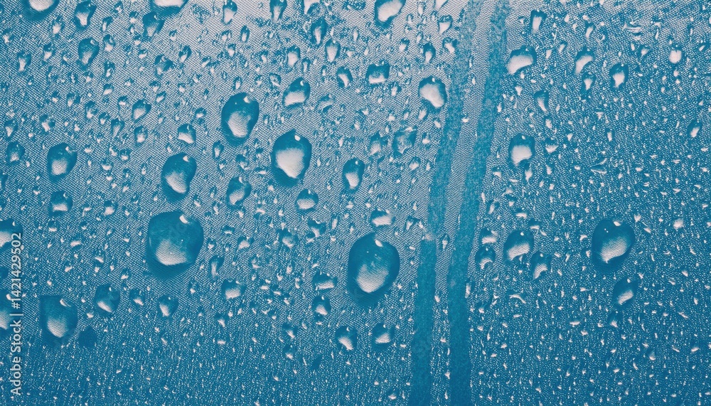 Poster water droplets on textured blue surface background for web design, branding, print media, and digita
