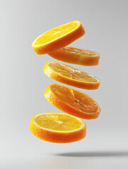 Rodajas de naranja en equilibrio sobre fondo claro con luz natural